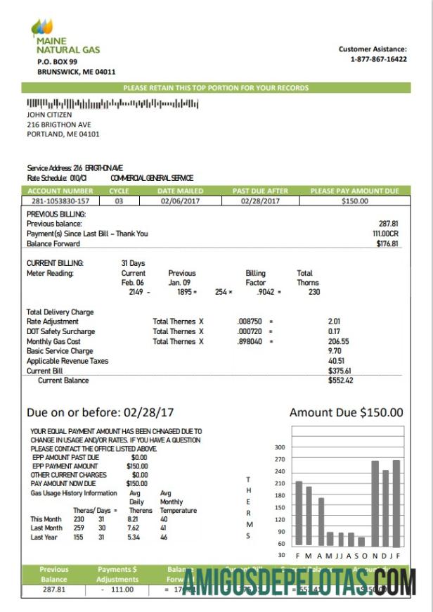 Em branco modelo de conta de serviços públicos de Portland para gás natural marinho Maine dos EUA em formato Word